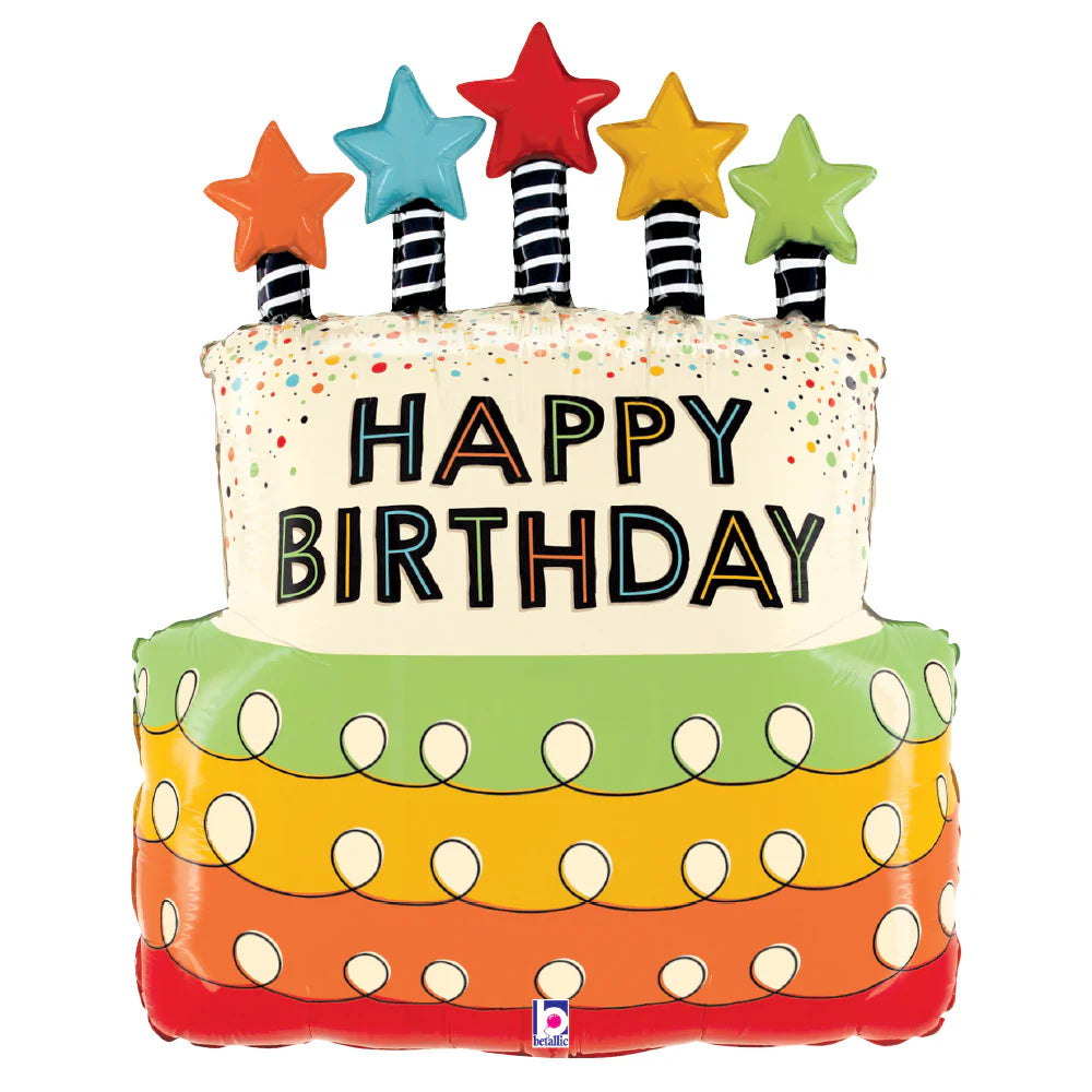 26 inch Shape Hapy  Birthday Cake with Candle Stars Foil Balloon