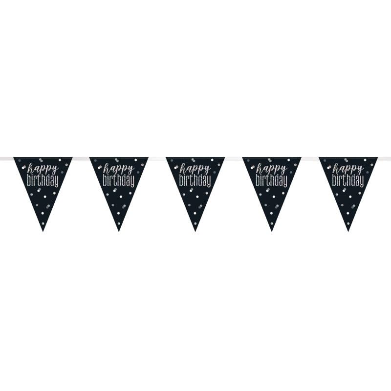 Dazzling Glitz Black & Silver Prismatic Happy Birthday Plastic Flag Banner (274cm) - Perfect for Party Decoration, Celebrations & More - 1 Pc