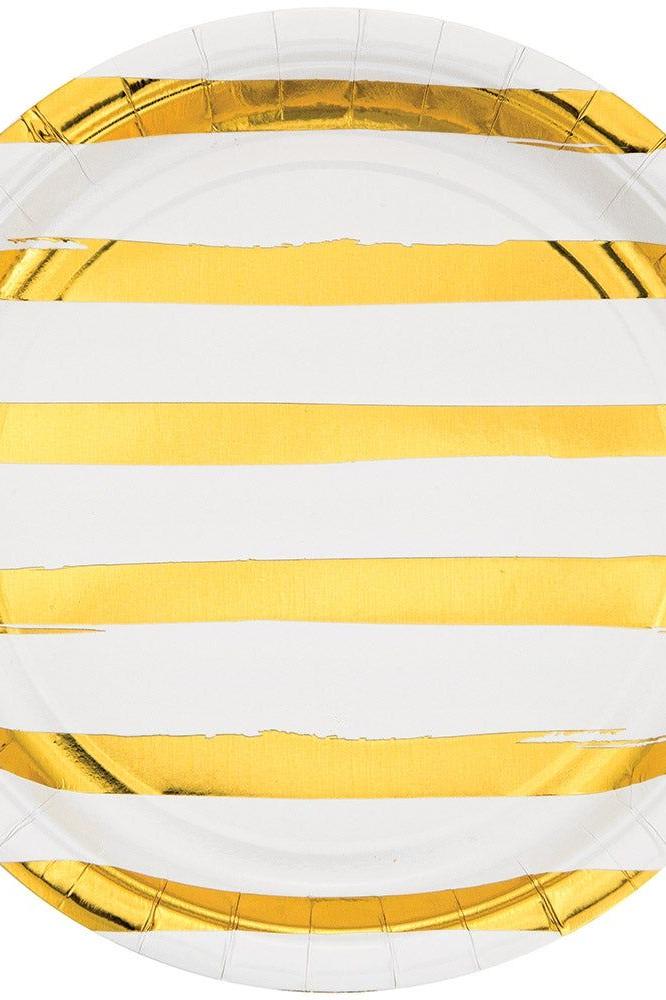 White And Gold Foil Striped Paper Plates