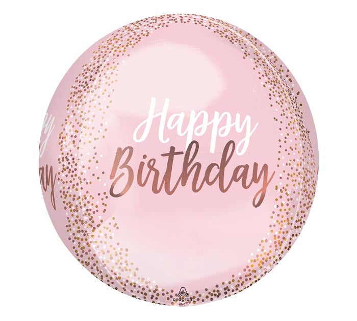 16"  Foil Happy Birthday Orbz Balloon with Printed Rose Gold Confetti