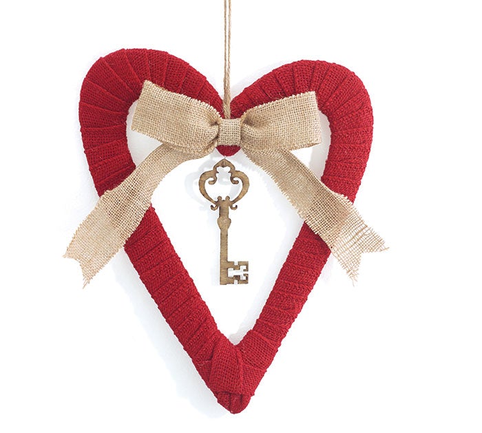 Open Burlap Heart Key Charm Wall Hanging