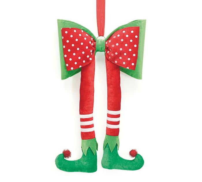 RED AND GREEN BOW WITH ELF LEGS HANGING