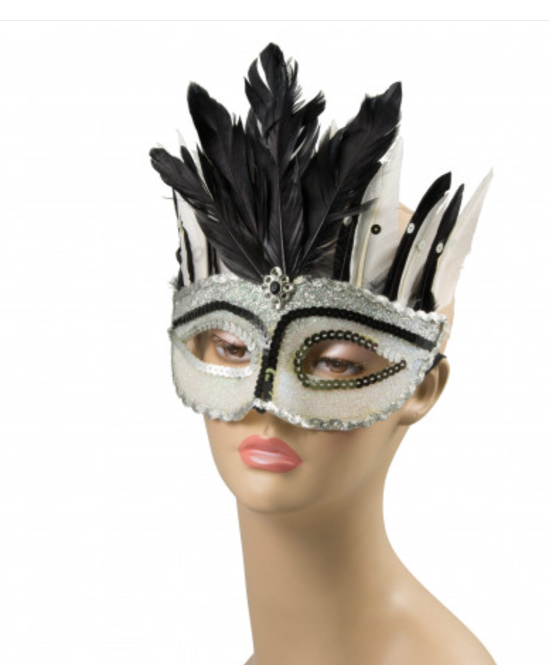 Carnival Mask - Sequin and Feathers - White - VENETIAN MASKS