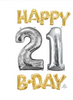 HAPPY 21 B-DAY – Gold & Silver Phrase – Air-Fill Mylar Balloons