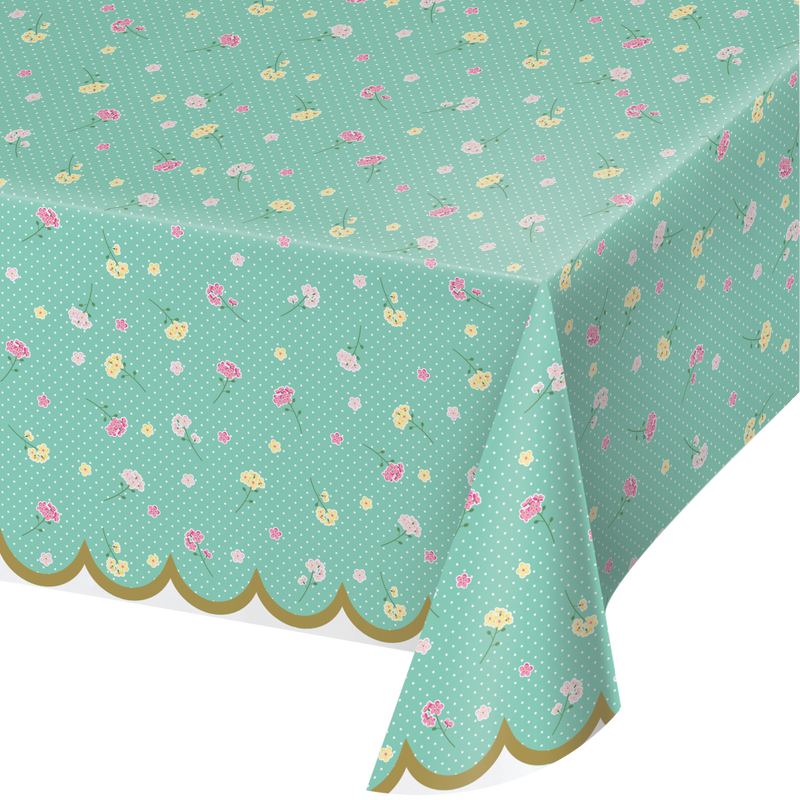Floral Tea Party Plastic Tablecover All Over Print, 54" X 102"