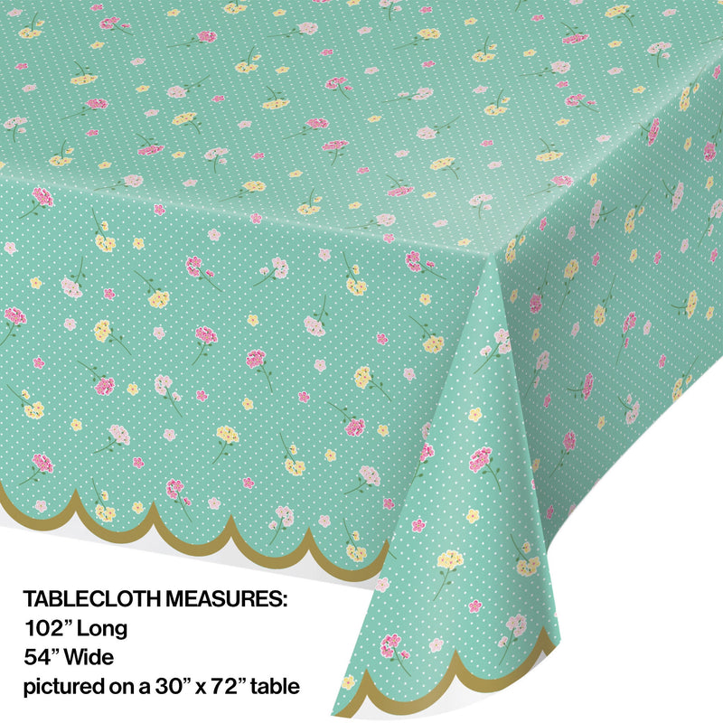Floral Tea Party Plastic Tablecover All Over Print, 54" X 102"