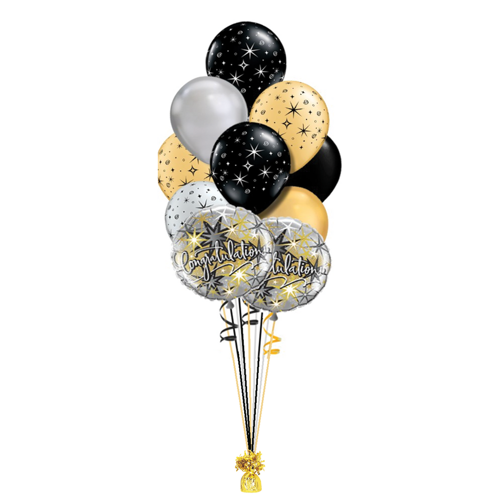 Bouquet de 8 ballons noir, or et argent 27 cm - Vegaooparty